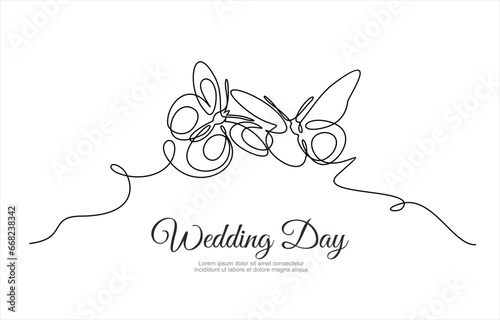 Hand drawn one line vector.Wedding day. Butterflies one continuous  line art. Illustration with quote template. Can used for logo, banner, booklet, flyer, brochure