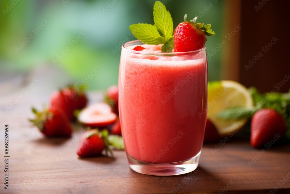 A delightful blend of coconut and strawberry in a chilled juice glass on a sunny afternoon A delightful blend of coconut and strawberry in a chilled juice glass on a sunny afternoon