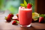 A delightful blend of coconut and strawberry in a chilled juice glass on a sunny afternoon