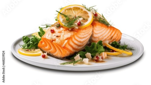 Fresh cooked delicious salmon steak with spices and herbs baked on a grill. Healthy seafood food