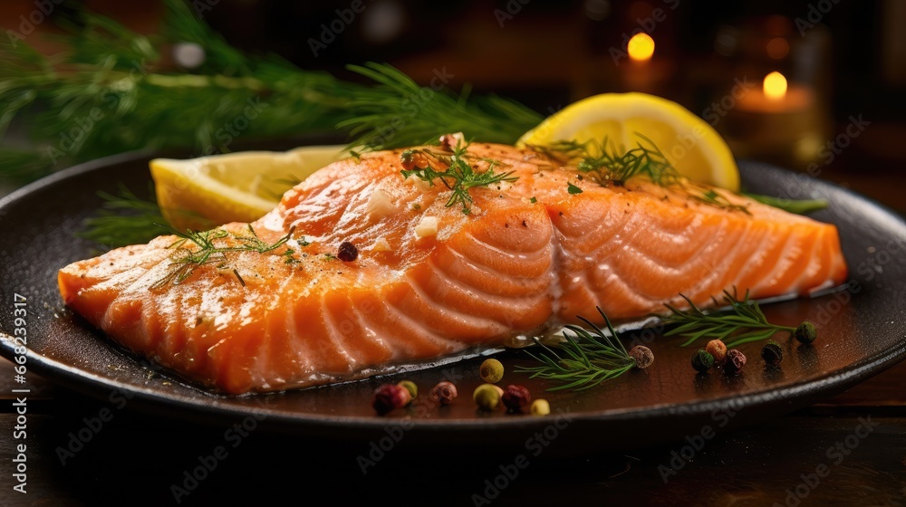 Fresh cooked delicious salmon steak with spices and herbs baked on a grill. Healthy seafood food