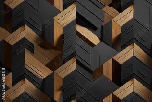 Geometric seamless 3D pattern in black with dark gold and wood elements. Random series. 3d illustration, Generative AI