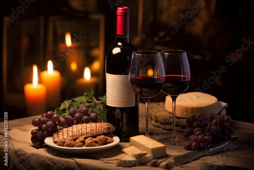 An intimate Italian night featuring a bottle of luscious Sangiovese wine and a candle-lit dinner