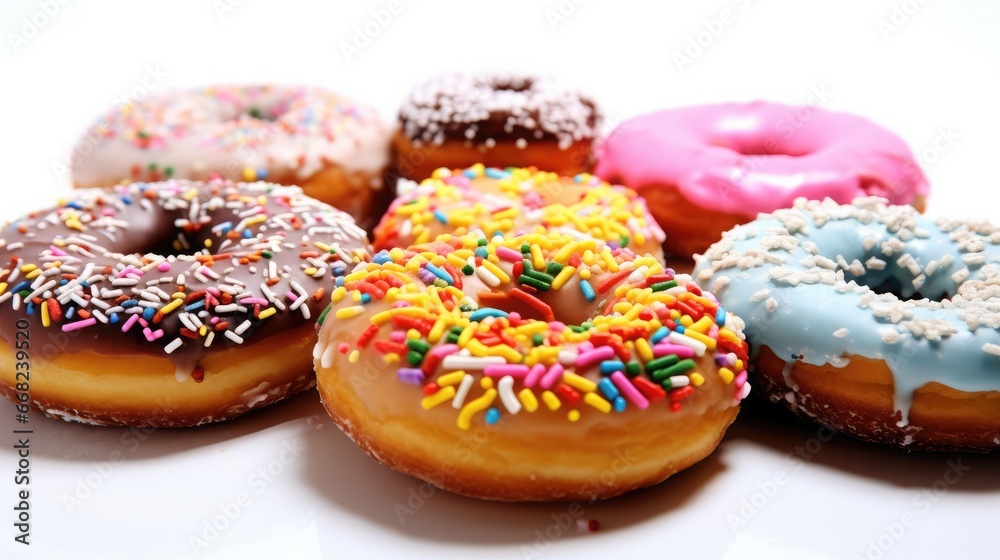 Set of multicolored donuts with sprinkles isolate on color background