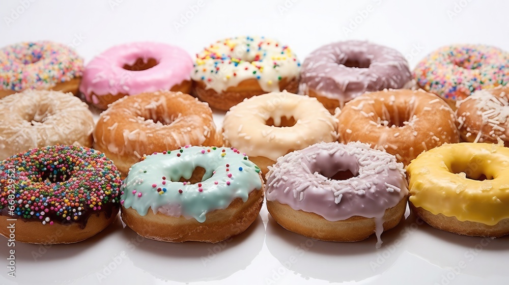 Set of multicolored donuts with sprinkles isolate on color background Set of multicolored donuts with sprinkles isolate on color background
