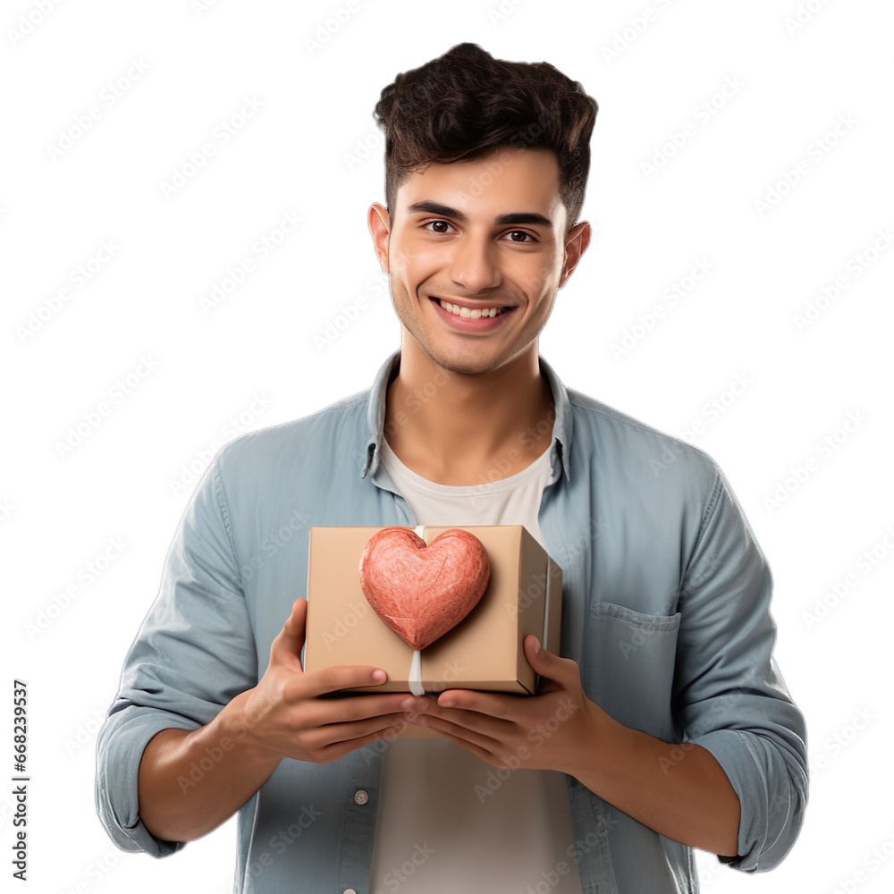 Happy customer holding a parcel heart box with giving happy smiley gesture on a transparent background. Happy customer holding a parcel heart box with giving happy smiley gesture on a transparent background.