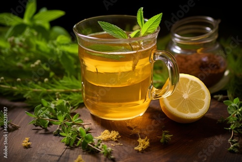 An intimate close-up of a steamy cup of lemon verbena tea with fresh leaves and lemon slices photo