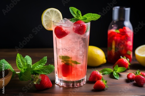 A vibrant lemon and strawberry spritzer served chilled with ice cubes and a sprig of mint