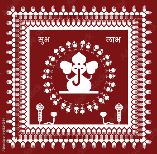 Warli art of indian farming process, Working in farm, Living style in village, daily work with bull craft, Coconut tree, Bull, dog, bird and farmer vector, illustration painting