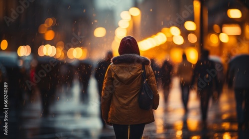 Solitary Walk Under City Lights in Rain. Lone figure with umbrella walking on a rain-soaked street, city lights reflecting.