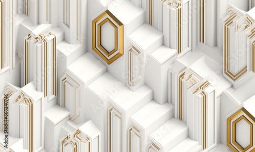 Seamless 3D architectural ornament in the form of white steps of different heights with Golden elements. High quality seamless realistic texture, Generative AI