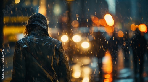 Warm City Glow on a Rainy Walk. Rainy urban scene with warm city lights and a person walking with an umbrella.