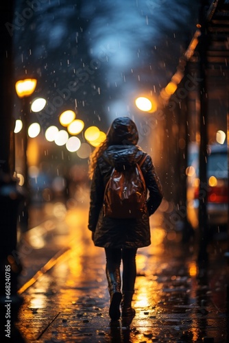 Solitude in the City Rain. Description: A solitary figure walks in the rain, city lights creating a serene atmosphere.