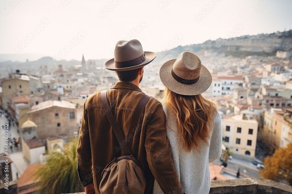 Picture generative ai concept of a beautiful couple traveling together enjoying their honeymoon Picture generative ai concept of a beautiful couple traveling together enjoying their honeymoon