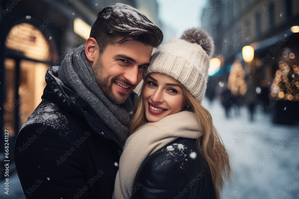 Couple portrait two lovers spending xmas time weekend ourdoors snowy Generative AI