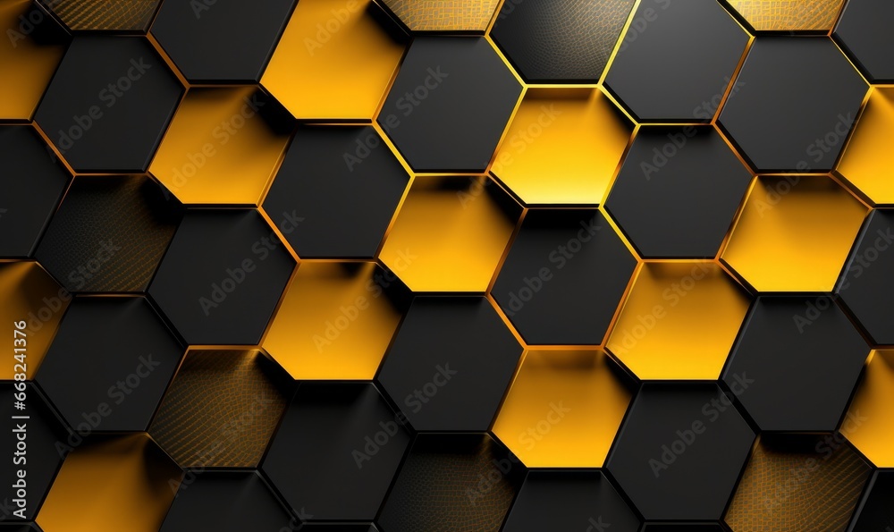 Abstract geometric pattern of yellow hexagons with metallic decor and relief materials. Seamless 3D illustration, Generative AI Abstract geometric pattern of yellow hexagons with metallic decor and relief materials. Seamless 3D illustration, Generative AI