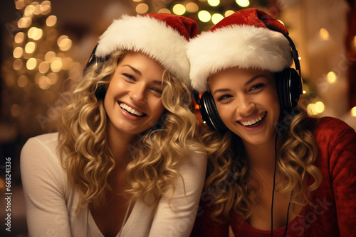 female couple in santa claus hats listing to music at lightful decorated house.  photo