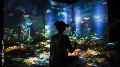 Generative AI of a person wearing a VR headset, fully immersed in an interactive art exhibition