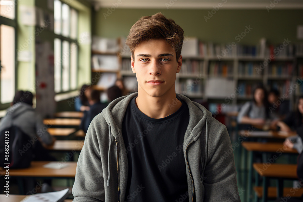 Fototapeta premium Generated by AI photo of happy male brown hair student standing in classroom isolated in educational environment background