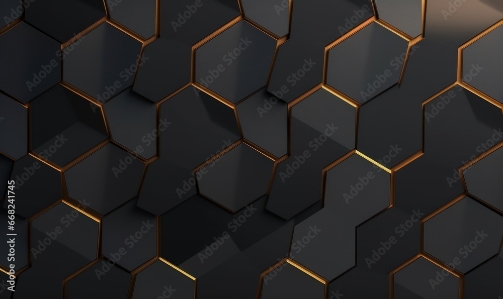 Abstract geometric seamless pattern in black iron material. Hexagon tiles with golden edge decor. 3D render, Generative AI