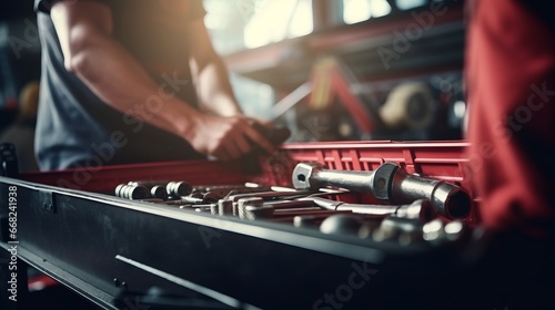 Hands of auto mechanic holding wrenches above a set of tools from wrenches