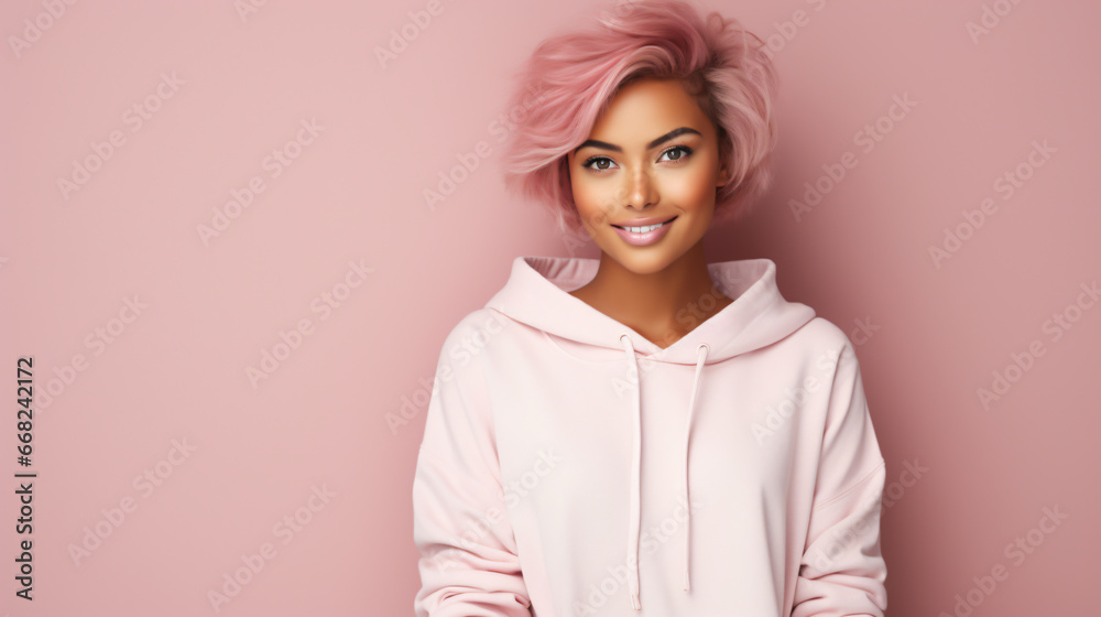 Pretty confident young girl with pink hair on pink background Pretty confident young girl with pink hair on pink background