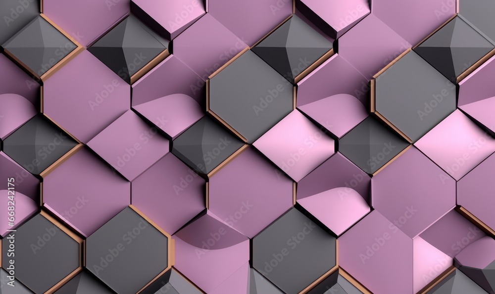 Abstract geometric seamless pattern in gray and pink with golden decor. Hexagon tiles with relief materials. 3D render, Generative AI Abstract geometric seamless pattern in gray and pink with golden decor. Hexagon tiles with relief materials. 3D render, Generative AI
