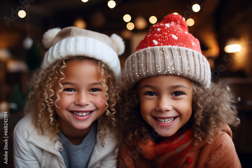 two young girls wearing christmas clothes and celebrating christmas eve. Perfect Image wallpaper for xmas campaigns.