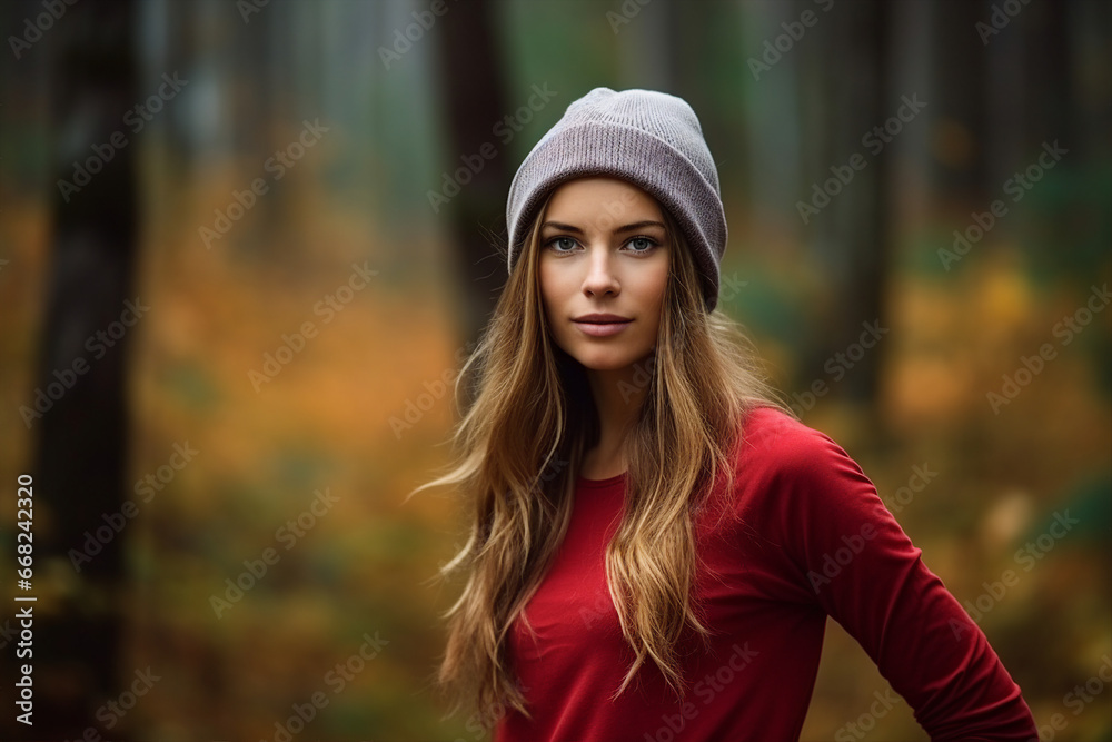 Generative AI picture portrait of young sportswoman go hiking jogging in green forest woods Generative AI picture portrait of young sportswoman go hiking jogging in green forest woods