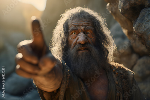 stone age mature gray-haired old man points finger at viewer side. Neural network generated image. Not based on any actual person or scene. photo