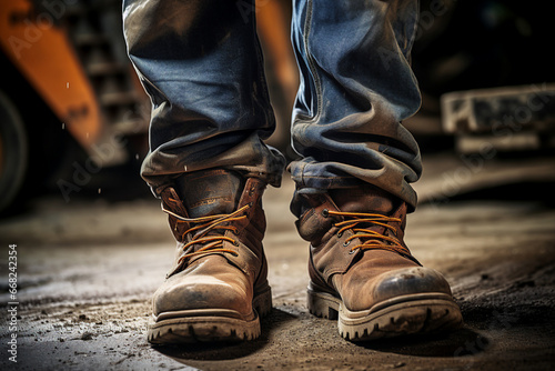 AI generated close up photo of working man in dirty footwear
