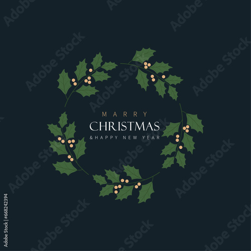 Merry christmas and happy new year card, christmas decorative floral wreath with holly berries, blue, green