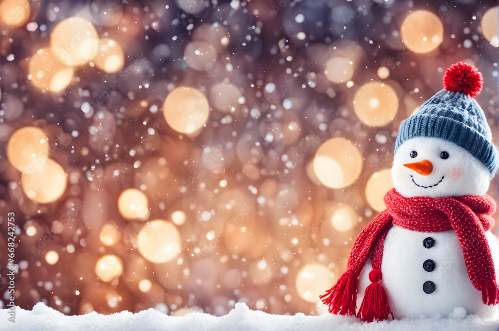 Snowman on shiny winter background with snow and snowflakes. Christmas card concept. Copy space. Snowman on shiny winter background with snow and snowflakes. Christmas card concept. Copy space.