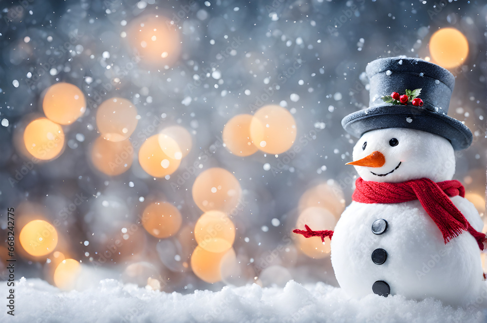 Snowman on shiny winter background with snow and snowflakes. Christmas card concept. Copy space.