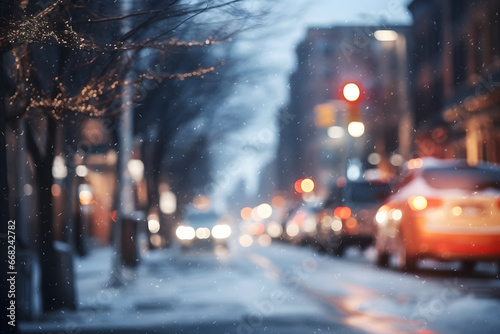defocused view of American downtown street at snowy winter morning. Neural network generated image. Not based on any actual scene.