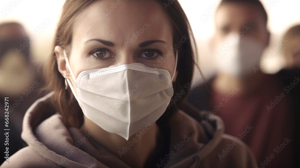 Young woman in white face mask amid a crowd, looking concerned