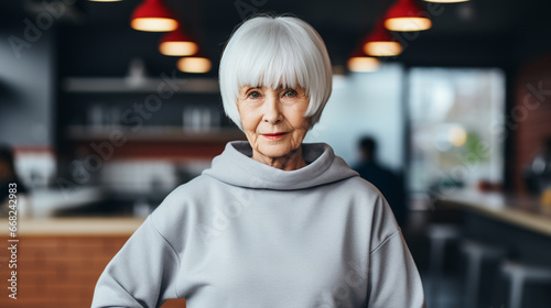 Older white woman with white hair, smiling in restaurant or cafe setting