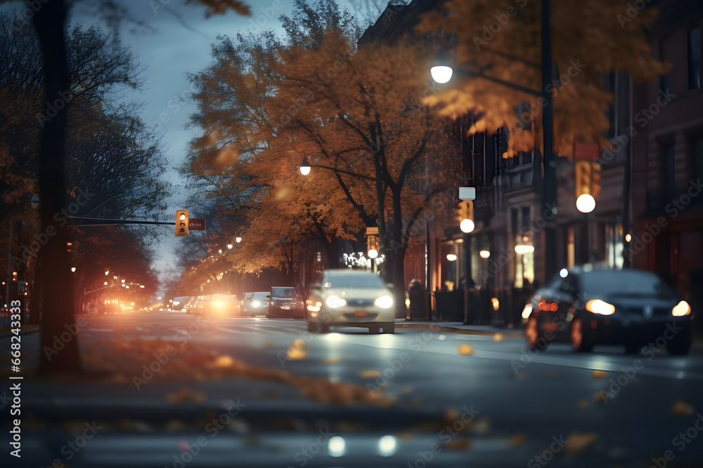 American downtown street view at autumn evening. Neural network generated image. Not based on any actual scene.