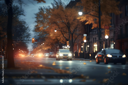 American downtown street view at autumn evening. Neural network generated image. Not based on any actual scene.