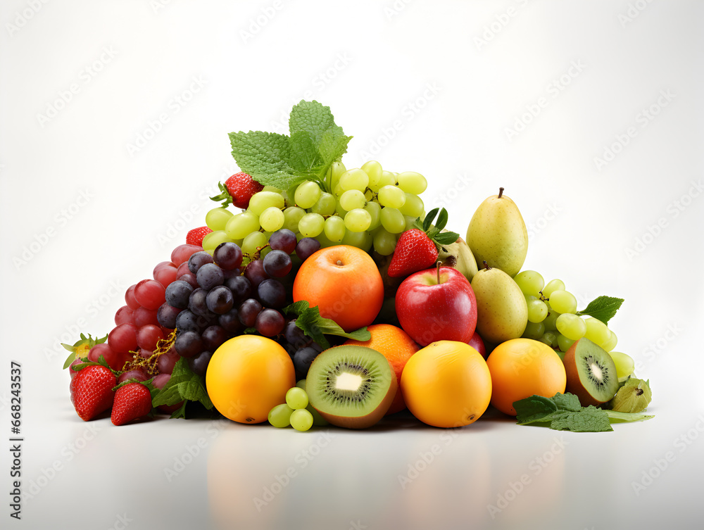 A variety of fresh fruits is set against a white background. Perfect for showcasing healthy eating and organic choices.