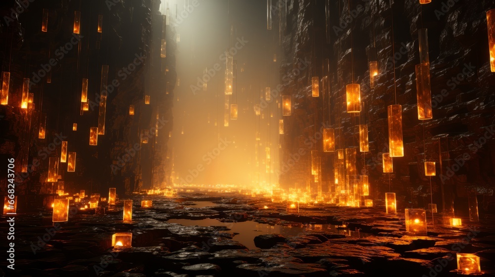 Fototapeta premium As the heat of the fire radiated through the cool night air, the cave was illuminated by the mesmerizing lights from the ceiling, offering a glimpse of the wild beauty hidden within the bustling city