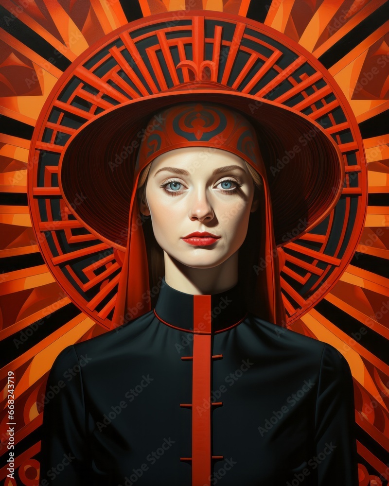 In a vibrant painting, a fashion-forward woman dons a black dress and striking red hat, exuding confidence and passion through her bold clothing and captivating portrait