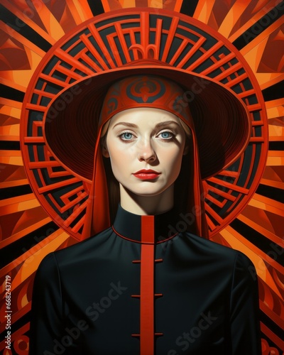 Obraz na płótnie In a vibrant painting, a fashion-forward woman dons a black dress and striking red hat, exuding confidence and passion through her bold clothing and captivating portrait w salonie