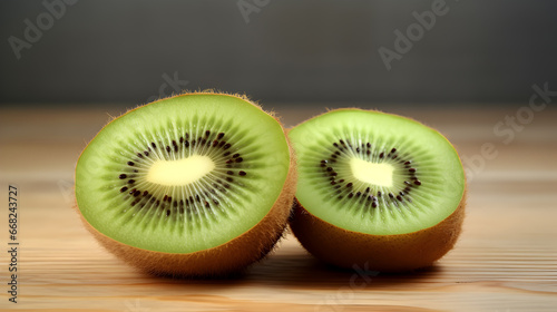 Close-up of a sliced kiwi with green pulp and black seeds, emphasizing its exotic and healthy appeal. Perfect for organic lifestyle promotions.