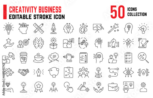 Set of Creative business editable icon set, icon also includes strategy, design, innovation, bulb, development. Creative Idea thin icon, simple set of creativity related vector line icons.