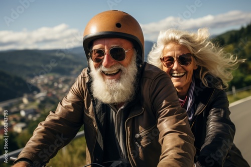 Elderly smiling couple in safety helmets riding bicycles together to stay fit and healthy. Caucasian seniors having fun on a bike ride in summer countryside. Retired people lead active lifestyle.