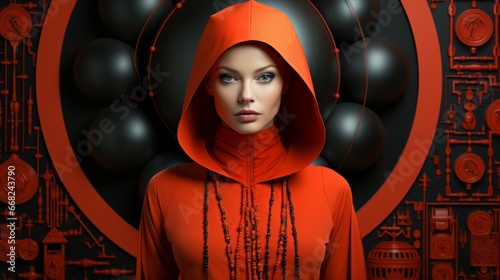A fiery woman donning a vibrant orange hoodie becomes a living canvas, her clothing a bold statement of art and fashion that exudes confidence and passion photo