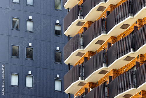 Photography facades of high rise residential buildings in Tokyo, Japan