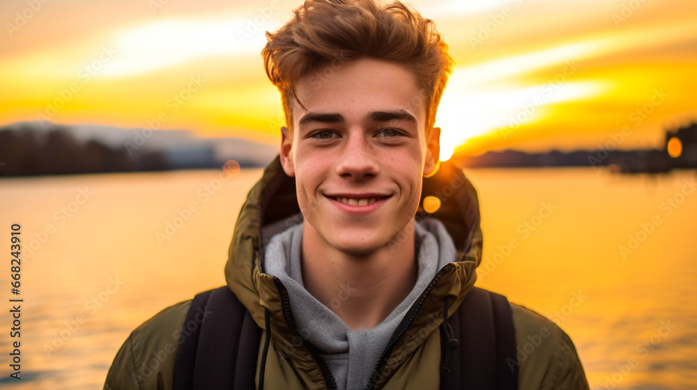 Young man with curly hair, backpack, and a smile by lake or river at sunset, outdoor joy, happiness and contentment, young adult in picturesque serene setting.