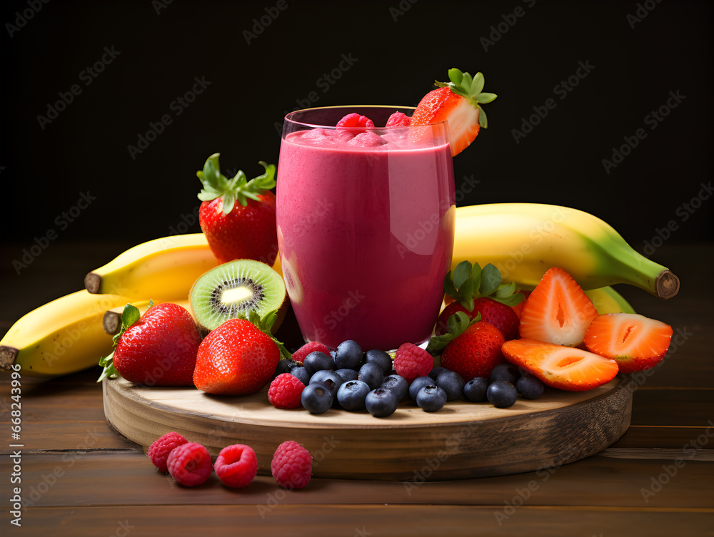 A purple fruit smoothie surrounded by fruit. Perfect for highlighting healthy drinks and summer refreshments.